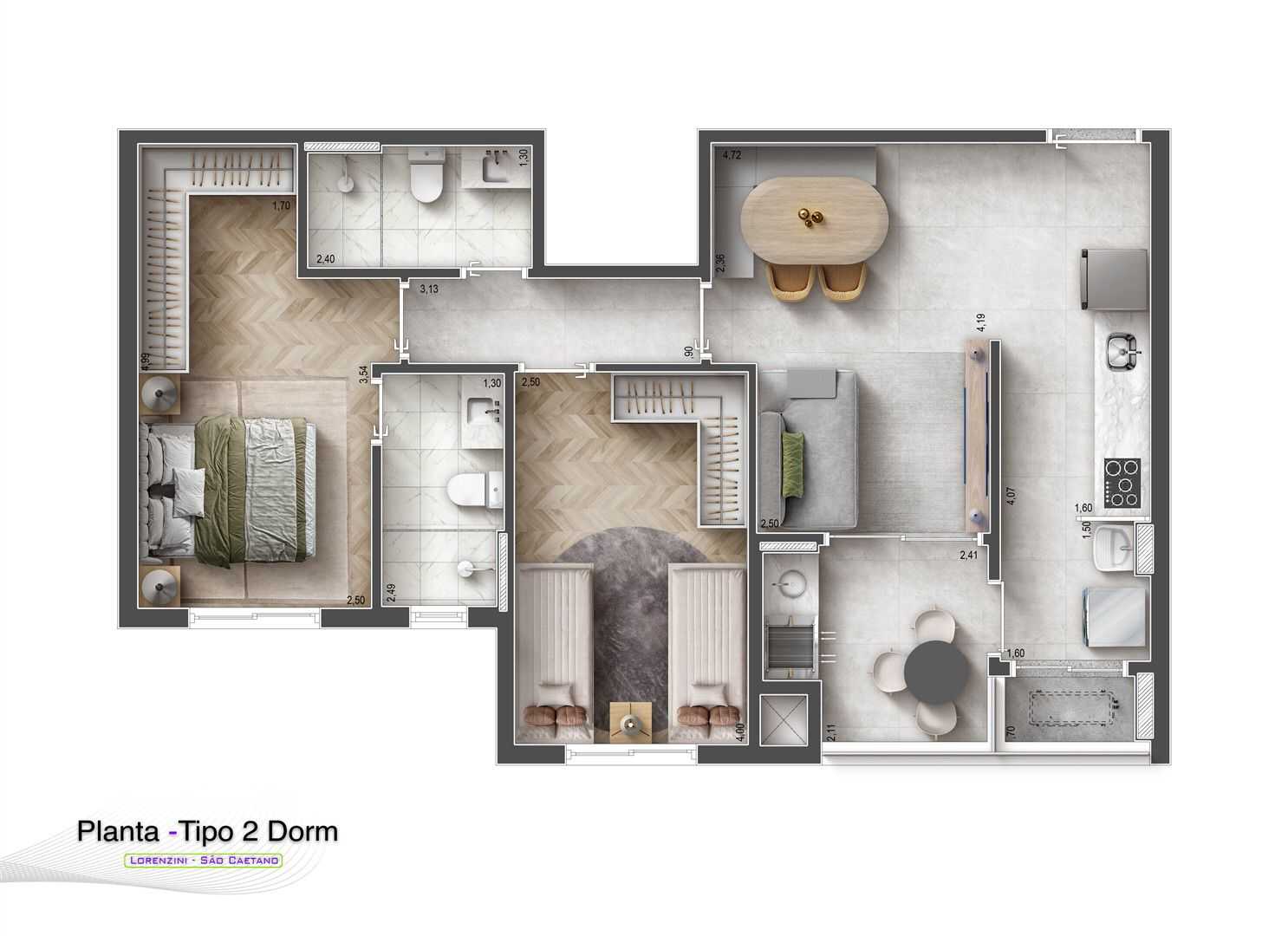 Planta - Apartamento à venda, no Raizes Lorenzine, com 3 quartos, 80m² - Krealize imobiliaria