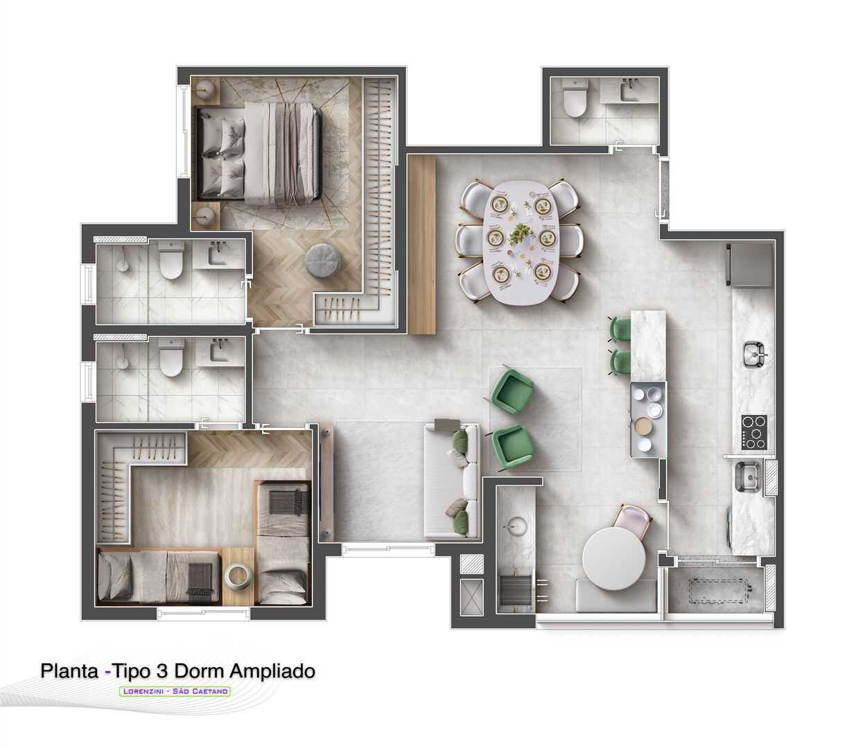 Planta - Apartamento à venda, no Raizes Lorenzine, com 3 quartos, 80m² - Krealize imobiliaria