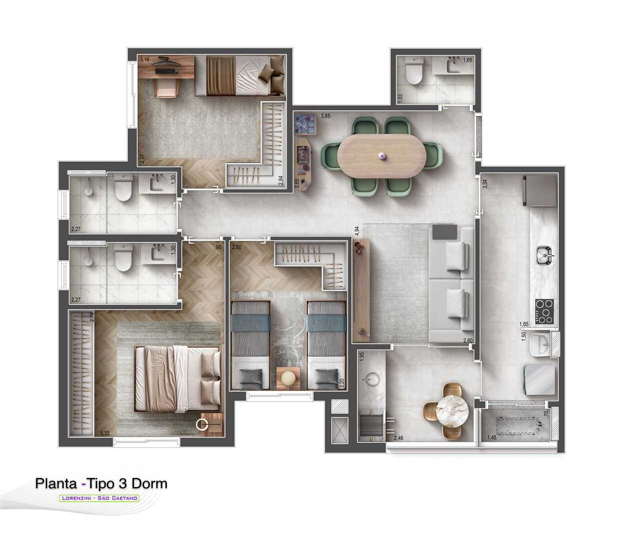 Planta - Apartamento à venda, no Raizes Lorenzine, com 3 quartos, 80m² - Krealize imobiliaria